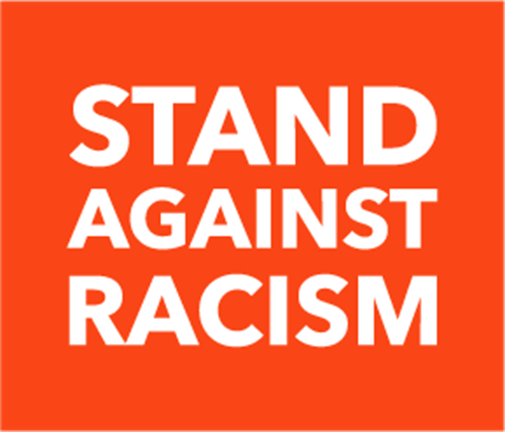 Image that says Stand Against Racism in white text on orange background.